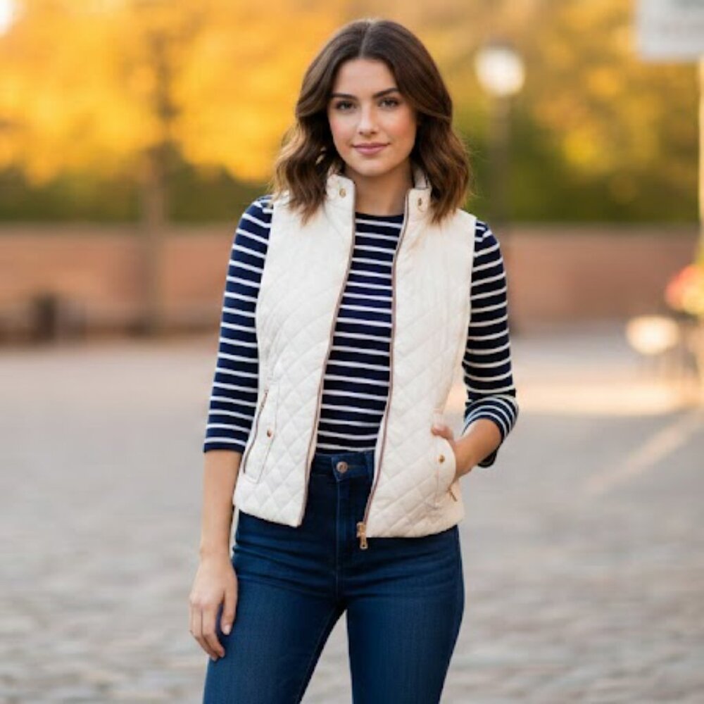 C ESTTOI Quilted Cream Vest with Gold Accents